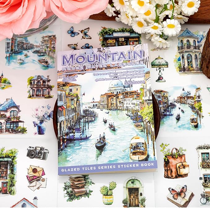 Water Mountain House Sticker Scrapbooking Supplies for Junk Journal, 20 Sheets PET Stickers - Vintage Journaling Stickers, Ephemera Sticker Book Pre Cut(TZ-009-004)