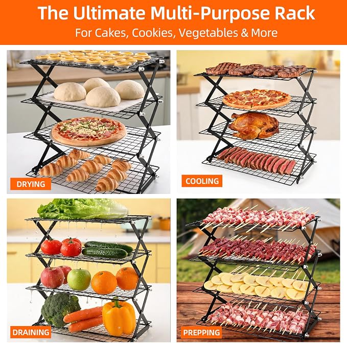 2/3/4-Tier Collapsible Cooling Rack with Adjustable 3 Setting Design Stackable Wire Baking Rack Cooling Racks for Cooking and Baking Roasting Cookies Pizza Gifts for Women