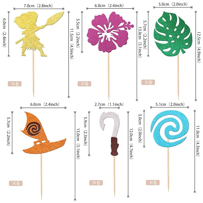 24 PCS Moana Inspired Cupcake Toppers Assembled Glitter Palm Leaf Flower Moana Cupcake Picks for Tropical Hawaiian Luau Theme Baby Shower Birthday Party Cake Decorations Supplies