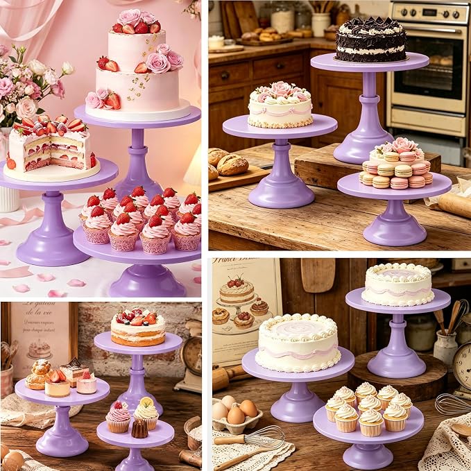 Three-piece Cake Stand Set, Metal Round Trays, 8-inch, 10-inch, and 12-inch, for Dessert Table displays; Perfect for Christmas, Thanksgiving, Birthdays, Weddings, and Other Celebrations(Purple)