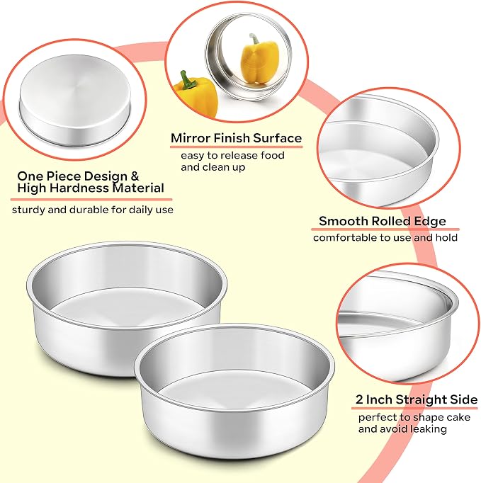 Herogo Cake Pan 6 Inch Round Set of 3, Stainless Steel Nonstick Layer Tier Birthday Wedding Cake Pans, Fit Oven Pots Pressure Cooker, Mirror Finish, Dishwasher Safe