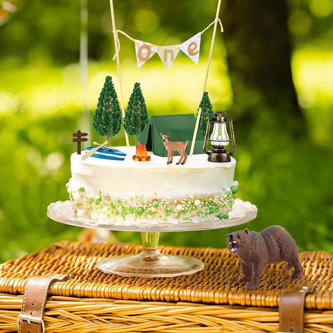 Hooqict 12 Pcs Camping Cake Decorations Set with Mini Tent, Campfire, Tree, Camp Sign, Safari Animals Camping Cake Toppers for Kids Adults Forest Themed Birthday Party Supplies