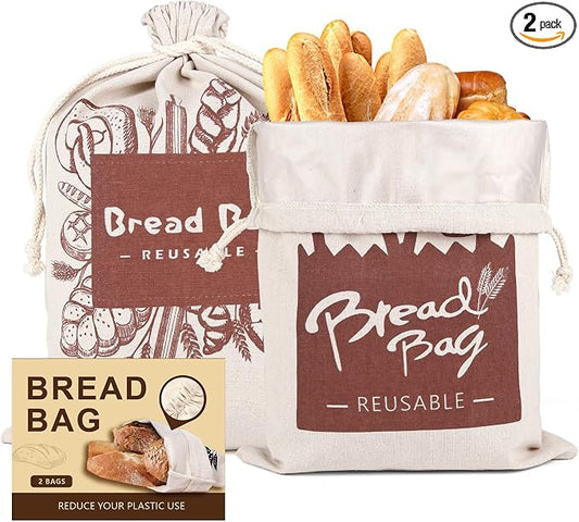 Bread Bags, 2 Pack Bread Bags Reusable Linen with Plastic Lining, Large 17“×13”Homemade ‌Loaf Storage Bags Bread Box for Artisan Bread, Round Loaf, Sourdough