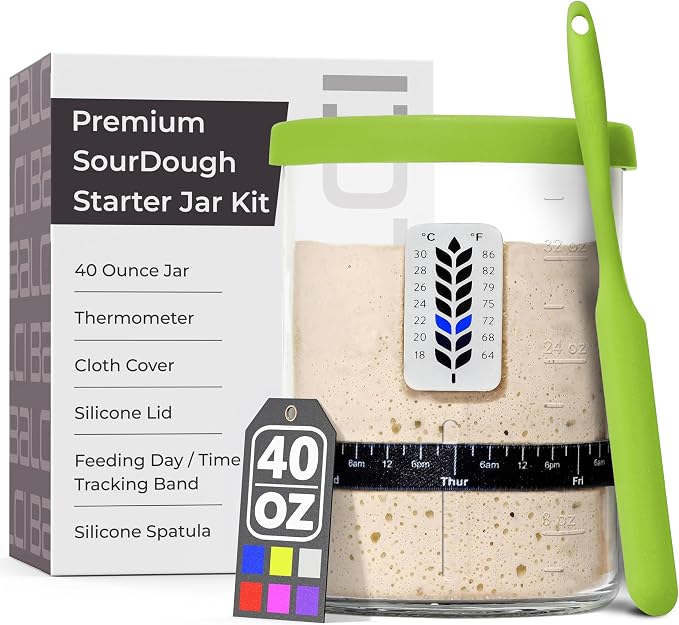 Premium Sourdough Starter Jar - 40oz Large Sourdough Jar with Marked Feeding Band, Scraper, Cloth Cover and Silicone Lid/Base, Wide Mouth Starter Kit - Green