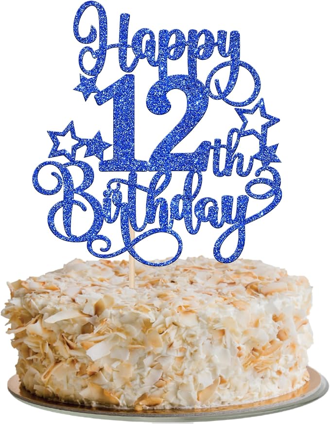 1 PCS Happy 12th Birthday Cake Topper Glitter Cheers to 12 Years Birthday Cake Pick Hello 12 Fabulous Cake Decoration for Happy 12th Birthday Anniversary Party Decorations Supplies Blue