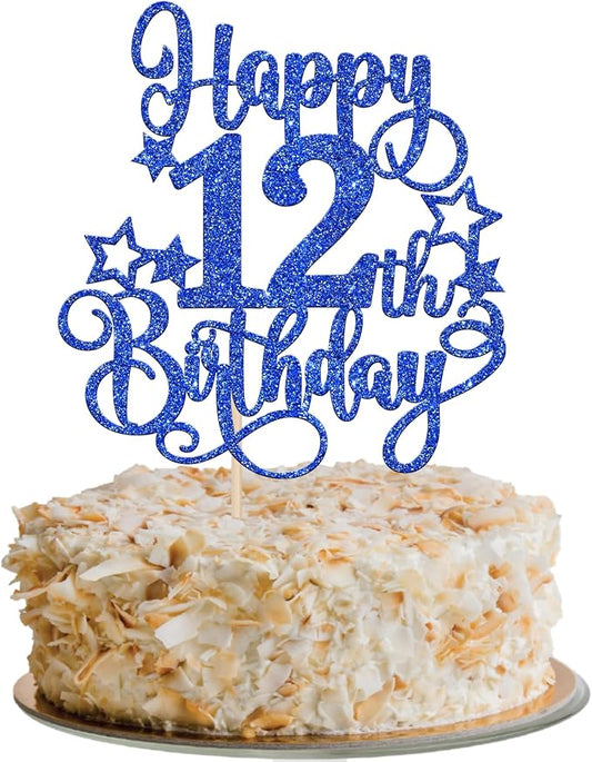 1 PCS Happy 12th Birthday Cake Topper Glitter Cheers to 12 Years Birthday Cake Pick Hello 12 Fabulous Cake Decoration for Happy 12th Birthday Anniversary Party Decorations Supplies Blue