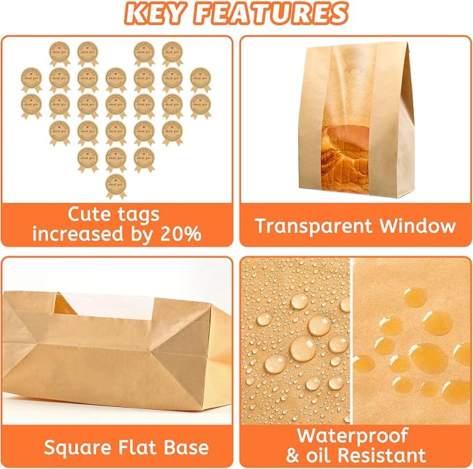100 Pcs Bread Bags for Homemade Bread, Sourdough Paper Bags With Window, 50% Thicker 13.7x8.2x3.7in, A Large Bakery Bag Used for Storage Sourdough & Snacks, 110 Cute Sealing Stickers With Ties