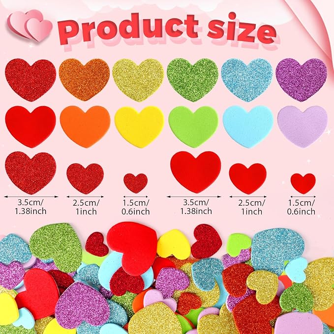 600Pcs Glitter Foam Heart Stickers Valentines Day Love Sticker | 3 Sizes, Self-Adhesive Heart Decal, Party Favors, Handmade Card DIY Crafts, Love-Themed Projects Decorations, Valentines Gift
