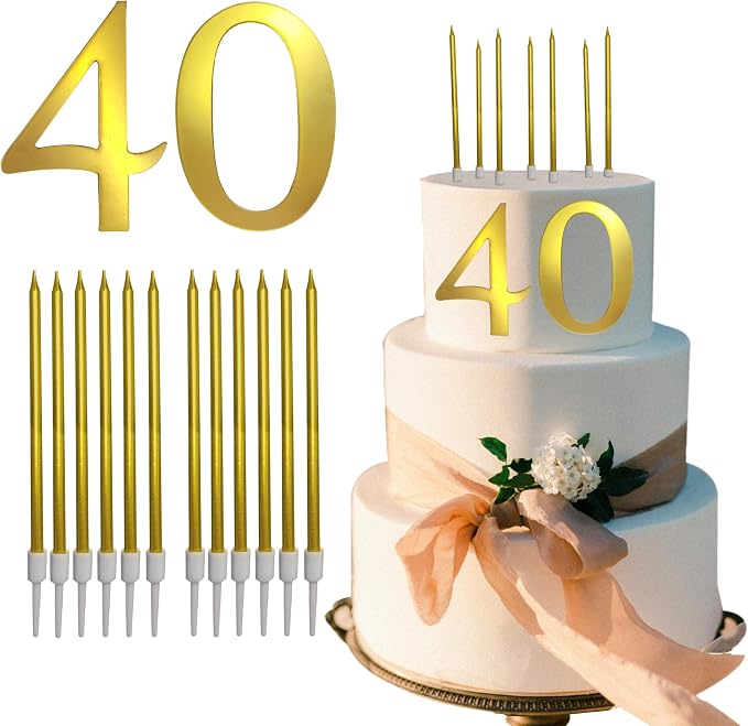 3.7IN Gold Acrylic Number 1-10 Cake Topper with 12 Gold Long Candles - Perfect for Birthday Party Supplies, Ideal for Cake Decoration (Number 40, Gold)