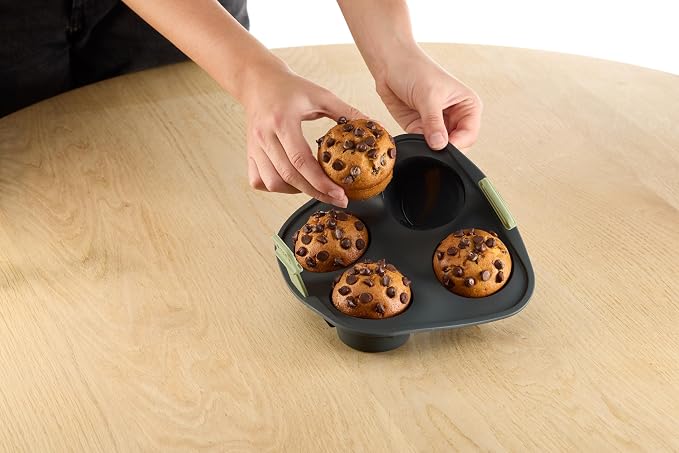Lékué Air Fryer Muffin Mold - Make 4 Muffins in under 30 mins - 100% Platinum Silicone Baking Pan for Air Frying, Fits in Draw Tray, Pull-up Handles for Easy Removal, Non-Stick, Easy De-Molding