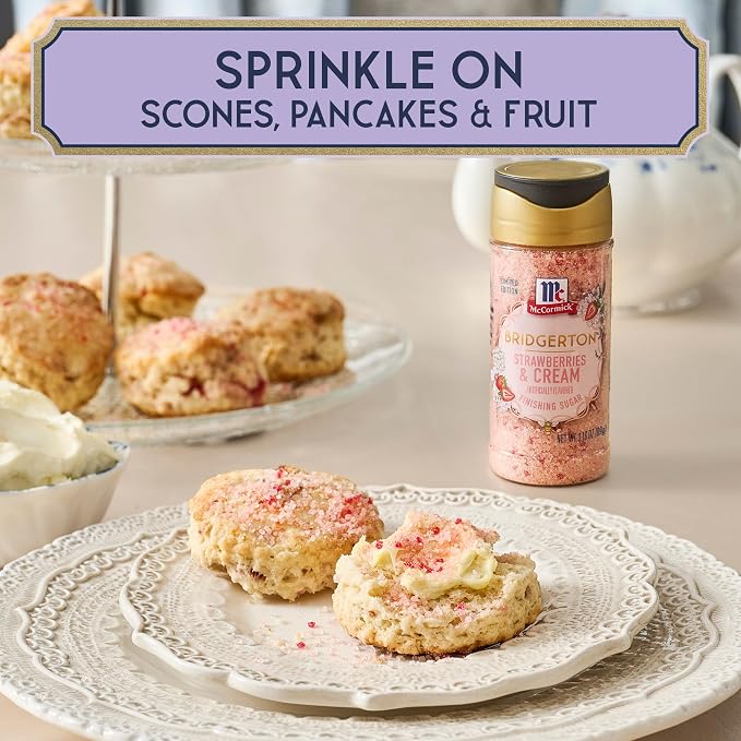 McCormick Bridgerton Finishing Sugar, Strawberries & Cream, Limited Edition, Sweet Strawberry Flavor Infusion, For Desserts, Cocktails, Breakfasts, and More, 3.16 oz