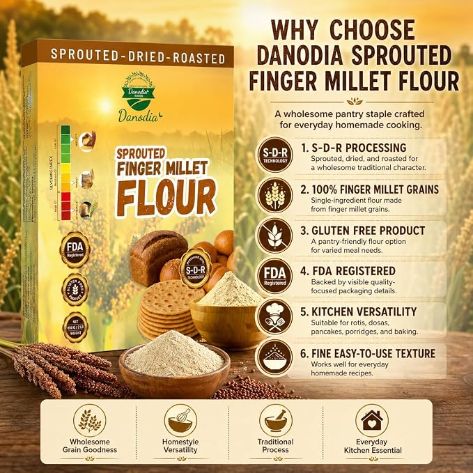 Danodia Foods Organic Finger Millet Flour 2lbs | Gluten Free, Low GI, Sprouted, Roasted & Ground Millet Flour for Flatbread, Pancakes & Baking, Cookies, Pizza Base