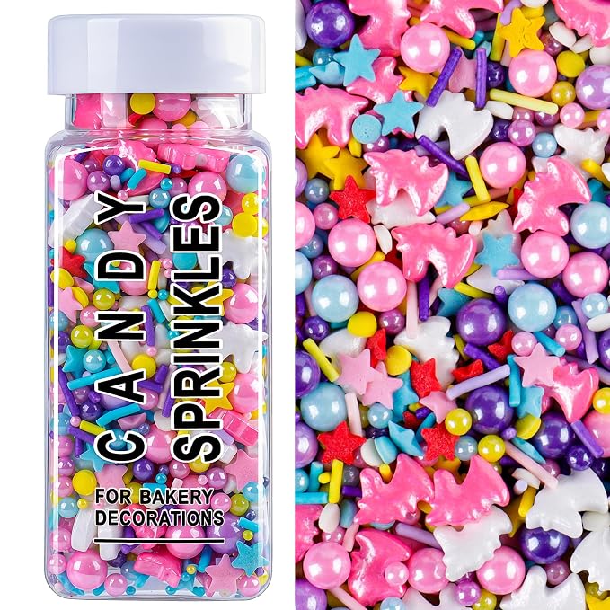 Unicorn Sprinkles for Cake Decorating, 4.6Oz Rainbow Sprinkles with Edible Jimmies Confetti Pearl Star Unicorns Mix for Ice Cream Cupcakes Brownie Cookie Baking Topping