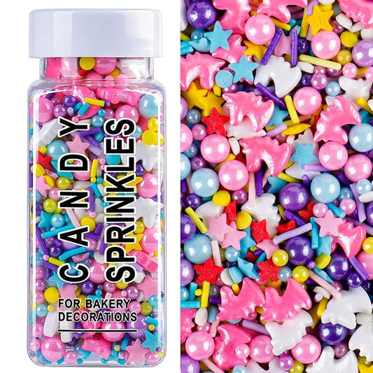 Unicorn Sprinkles for Cake Decorating, 4.6Oz Rainbow Sprinkles with Edible Jimmies Confetti Pearl Star Unicorns Mix for Ice Cream Cupcakes Brownie Cookie Baking Topping