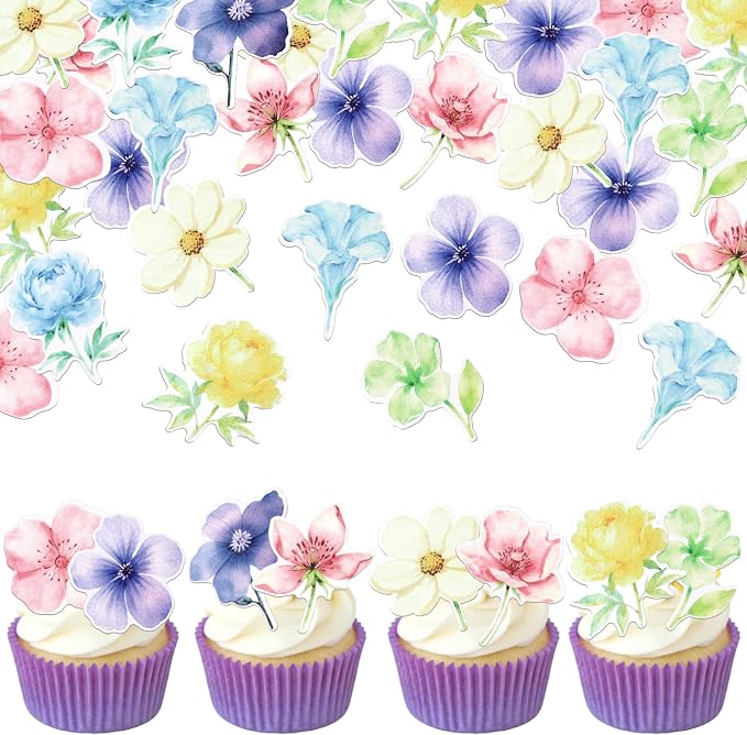 60 PCS Edible Flowers Cupcake Toppers Wafer Paper Daisy Rose Flower Cherry Cupcake Toppers Edible Flowers Cake Decorations for Baby Shower Wedding Birthday Valentine's Day Party Decorations Supplies