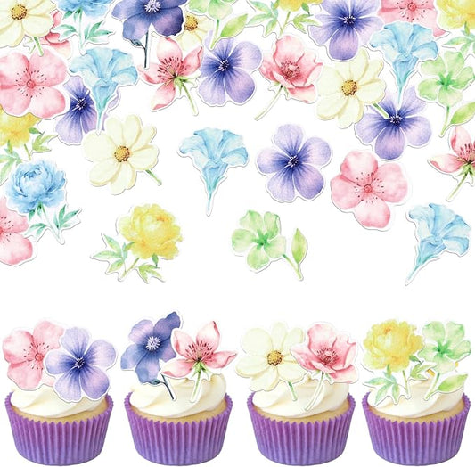 60 PCS Edible Flowers Cupcake Toppers Wafer Paper Daisy Rose Flower Cherry Cupcake Toppers Edible Flowers Cake Decorations for Baby Shower Wedding Birthday Valentine's Day Party Decorations Supplies