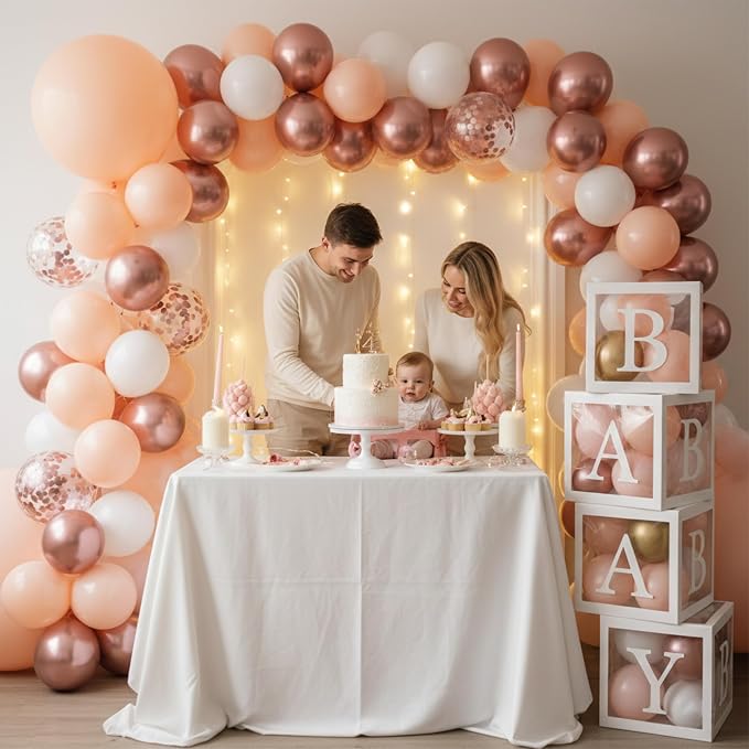 144Pcs Rose Gold Baby Shower Decorations for Girl - Pink Balloon Garland Arch Kit with 4 Baby Boxes - Metallic Gold Confetti Balloons for Princess Birthday, Bridal Shower Background