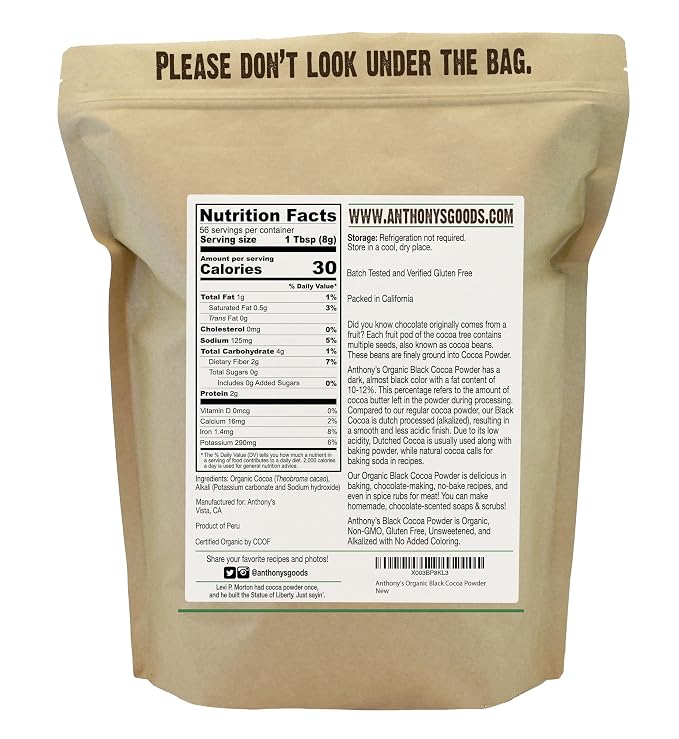 Anthony's Organic Black Cocoa Powder, 1 lb, Unsweetened, Dutch Processed, Gluten Free, Non GMO