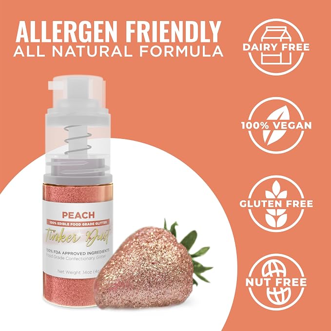 Bakell - Peach Tinker Dust (4g, 1x Mini Spray Pump) Edible Glitter for Food, Desserts, and Baked goods!