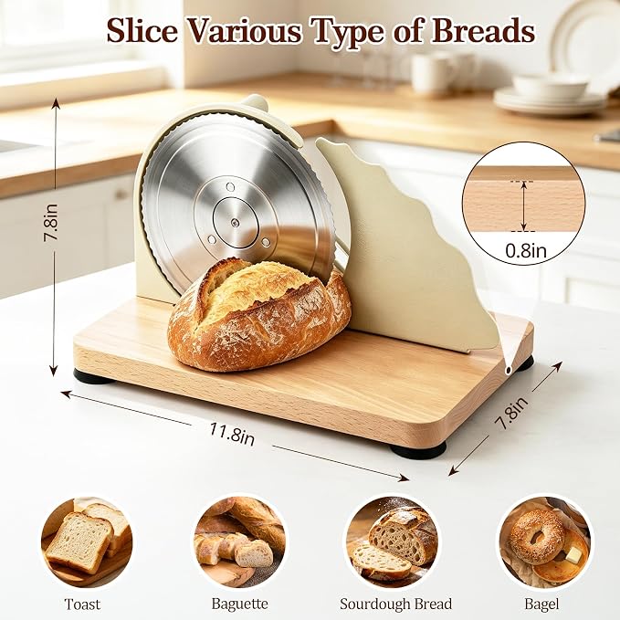 Manual Bread Slicer for Homemade Sourdough Bread, Classic Sourdough Bread Slicer with Scale Line and Stainless Steel Blade, Adjustable Thickness&Evenly Slicing, Cream
