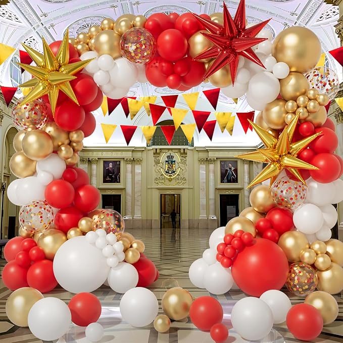 Bonropin Red White and Gold Balloon Garland Arch Kit 158pcs with Red and Gold Confetti Balloons, Star Foil Balloons, for New Year Graduation Anniversary Birthday Party Decorations