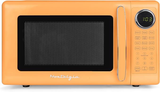 Nostalgia Modern Retro Compact Countertop Microwave Oven - 0.7 Cu. Ft. - 700-Watts with LED Digital Display - Child Lock - Easy Clean Interior - Orange