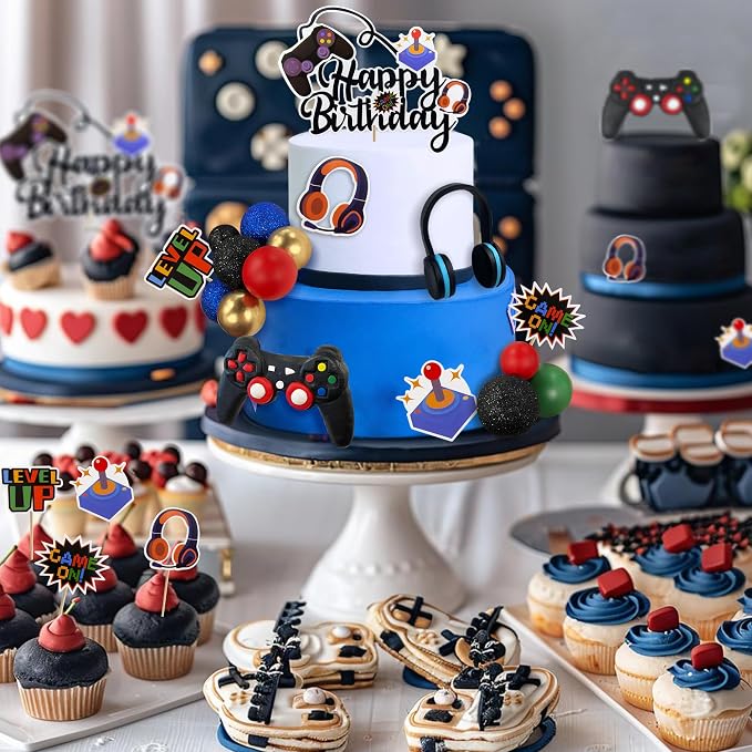 Video Game Cake Toppers Video Game Happy Birthday Controller Headset Cake Decoration Ball Cake Decoration for Game Theme Birthday Party Cake Decoration (Blue Colorful)