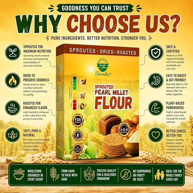 Danodia Foods Organic Sprouted Bajra Pearl Millet Flour, 2 lb Pack | Roasted bajra atta for roti, bhakri, porridge, flatbread and baking; Gluten-Free; US pantry staple; Indian pantry recipes