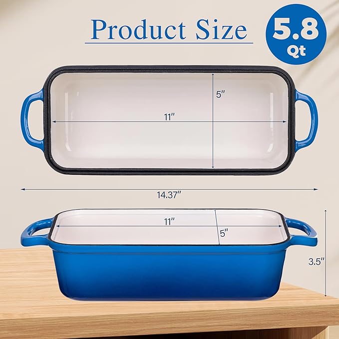 11x5 Inch Cast Iron Loaf Pan with Lid, Large Loaf Pans for Sourdough Bread Baking, Even Heat Distribution Loaf Dutch Oven for Homemade Bread, Meatloaf (5.8Qt, Marseille)