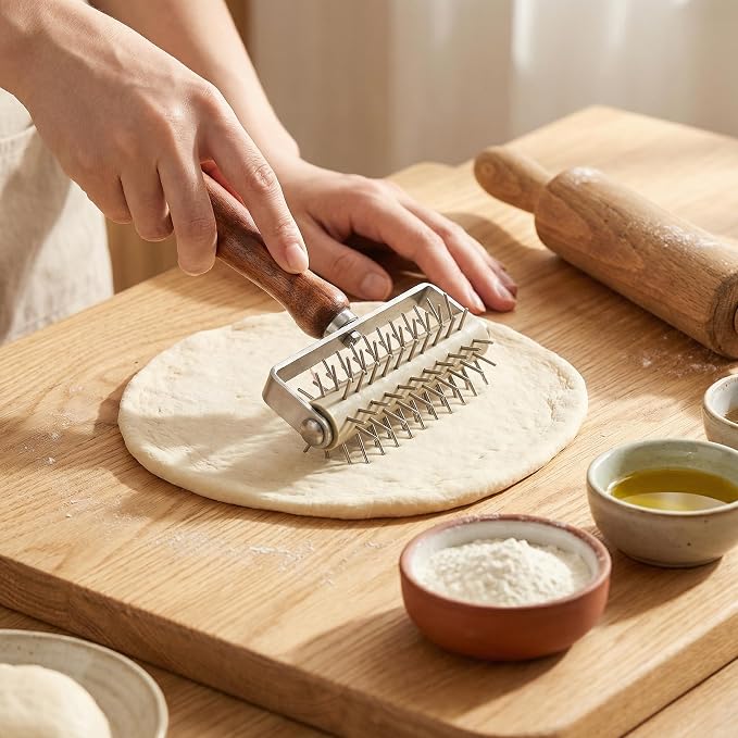 Hiceeden Set of 2 Pizza Dough Roller & Dough Docker, Stainless Steel Dough Hole Maker Puncher Wooden Rolling Pin for Pizza, Cookie, Pie, Pastry, Bread, Crust