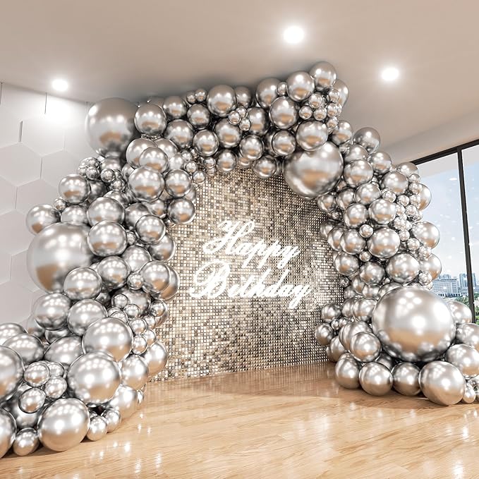 Silver Balloon Arch Kit, 143Pcs Chrome Metallic Silver Latex Balloon Garland kit, 18 12 10 5Inch Different Size Balloons for Wedding New Year Anniversary Baby Shower Birthday Party Decorations