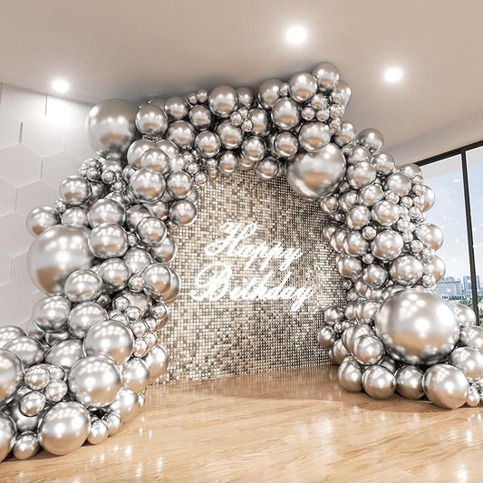 Silver Balloon Arch Kit, 143Pcs Chrome Metallic Silver Latex Balloon Garland kit, 18 12 10 5Inch Different Size Balloons for Wedding New Year Anniversary Baby Shower Birthday Party Decorations