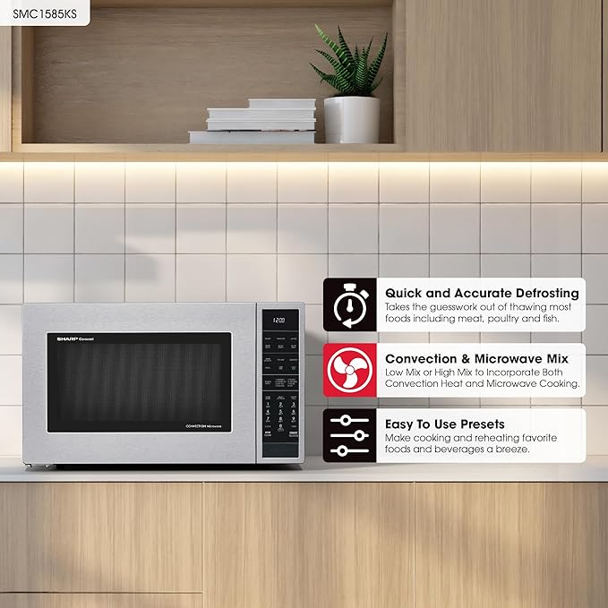 SHARP SMC1585KS Convection Countertop Microwave Oven with Removeable 15.4" Carousel Turntable, 1.5 Cubic Feet, 900 Watt, Sensor Cooking, Stainless Steel