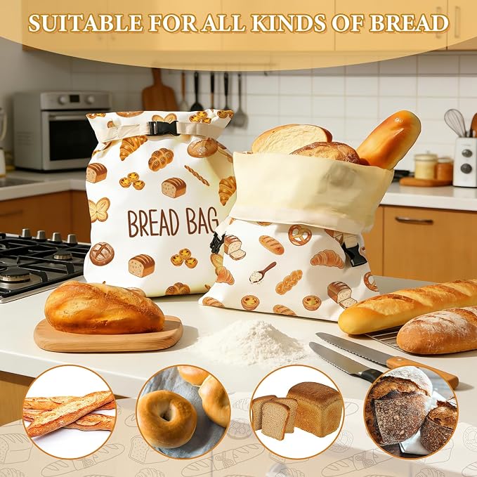 2 Pack Beeswax Bread Bags for Homemade Sourdough, 17x13 Inch Reusable Linen Beeswax Bread Bag with Buckle to Keeps Bread Freshness for Food Storage(Bread Theme)