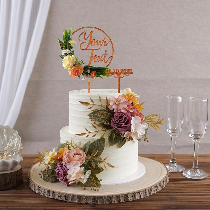 CustomText Wedding Cake Topper with 3D Artificial Flowers and Green Leaves Personalized Your Text Birthday Cake Decoration (Oak Finish)