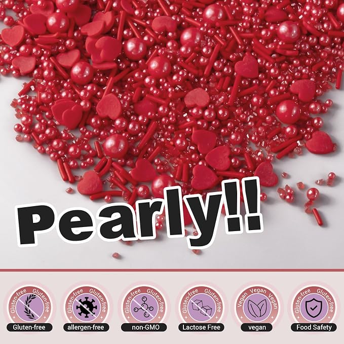 HUEBEATY 6-in-1 Valentines Red Sprinkles for Cake Decorating - 180g Red Heart Shaped Confetti Sprinkles, Edible Sugar Pearls, Sanding Sugar & Jimmies, Grinch Christmas & Valentines Sprinkles for Cookies, Cupcakes Baking