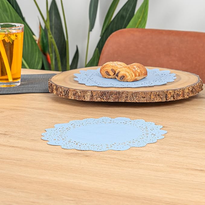 Restaurantware-Pastry Tek 8 x 8 Inch Paper Lace Doilies, 4000 Round Disposable Table Doilies - Elegant Lace Finish, Long Lasting, SkyBlue Paper Lace Doilies, for Pastries, Cupcakes, Desserts