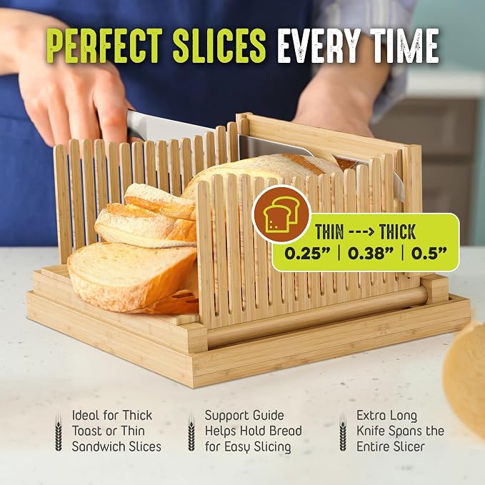 LHU Bamboo Wooden Bread Slicer for Homemade Bread Kit with Adjustable Slicer Guide, 12-Inch Bread Knife and Bread Bag- Rubber Base Grips - Sourdough Bread Cutter, Round Bread Loaf Slicer