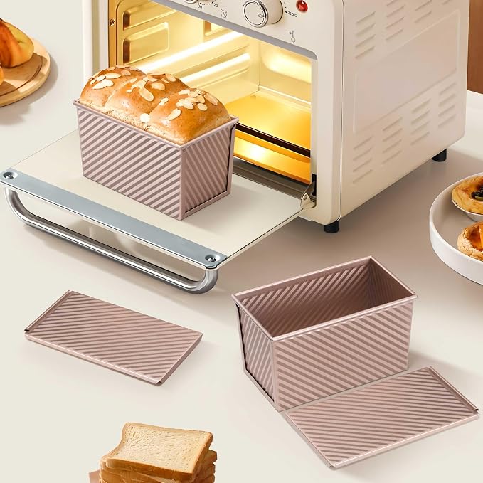 LIANYU Pullman Loaf Pan with Lid, 1 Pound Bread Loaf Pan Set of 2, Homemade Sourdough Sandwich Bread Toast Box, Baking Tins with Cover, Rose Gold