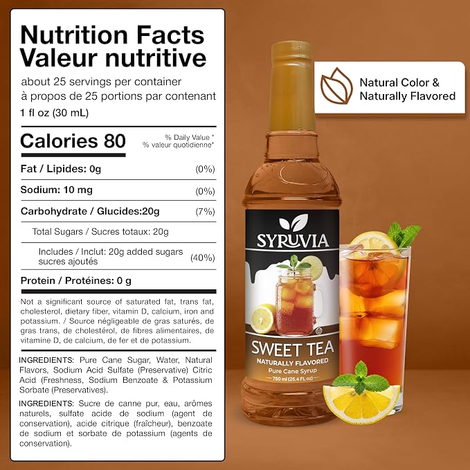 Syruvia Sweet Tea Syrup, Naturally Flavored Syrup for Teas, Drinks, Lemonades, Iced Teas, and Desserts – 25.4 fl oz - with Pump
