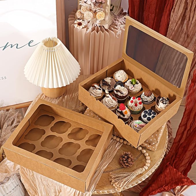 Moretoes 7 Pack Auto-popup Cupcake Boxes Hold 12 Standard Cupcakes, Cupcake Containers with Window and Inserts, Bakery Supplies for Muffins Cookies Treats Dessert (Brown)