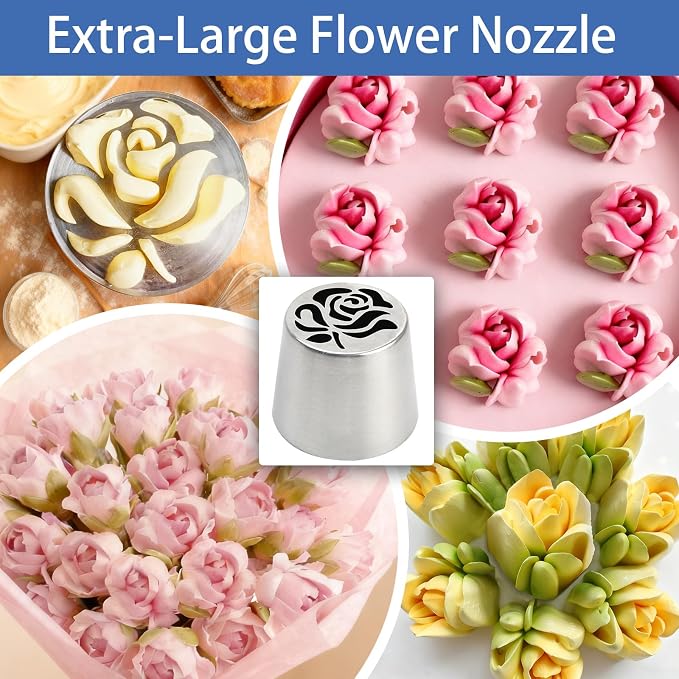 1pack Extra Large Stainless Steel Rose Petal Piping Tip, Cotton Candy Paste Flower Bouquet Cream Nozzle for Cakes Cupcakes Desserts Puffs Tool for Cake Decoration Pastry Baking (XXL,Style 35)