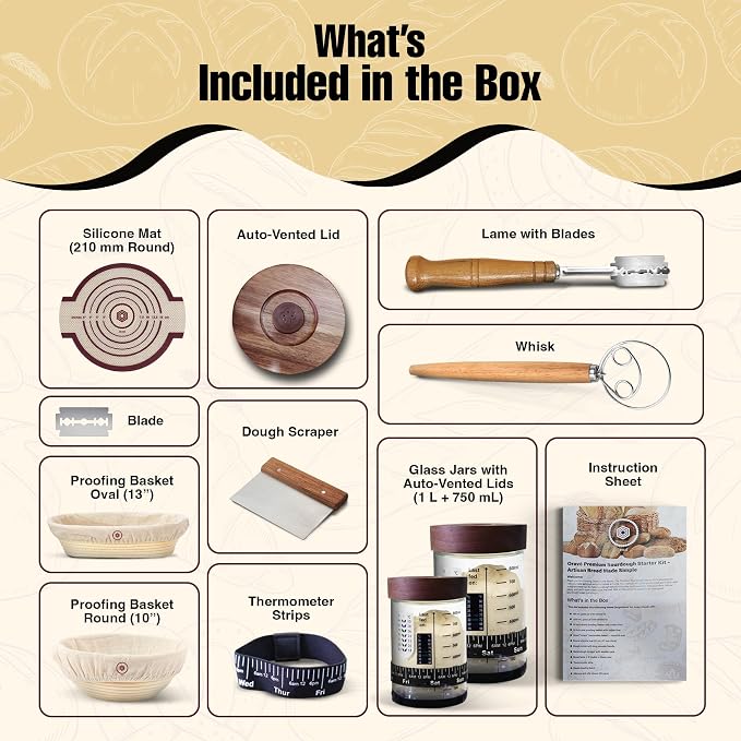Orave Sourdough Starter Kit - 13-Piece Bread Baking Supplies with Auto-Vented Glass Jars, Round and Oval Banneton Proofing Baskets, Bread Lame, Dough Whisk and Scraper