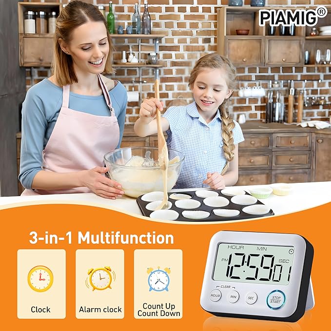 Digital Kitchen Timer Alarm Clock for Cooking, Large LCD Display Multi-Function, Strong Magnetic with Loud Alarm, Digital Timer for Kids,Teachers,Classroom, Exercise or Work (Black)