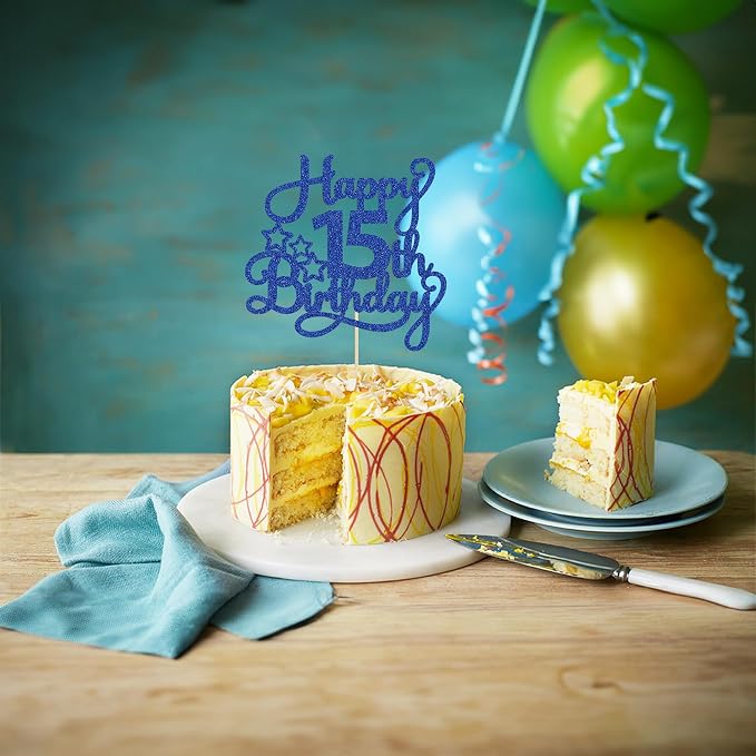 1 Pack Happy 15th Birthday Cake Topper Blue Glitter Mis Quince 15 Cheers to 15 Years Old Birthday Cake Pick for Celebrating 15th Birthday Anniversary Party Cake Decorations Supplies