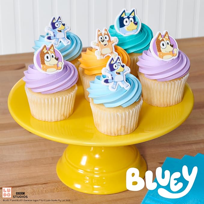 DecoPac Bluey So Much Fun Rings, 72 Cupcake Decorations Featuring Bluey, Bingo, Bandit, and Chilli, 3D Food Safe Cake Toppers – 72 Pack