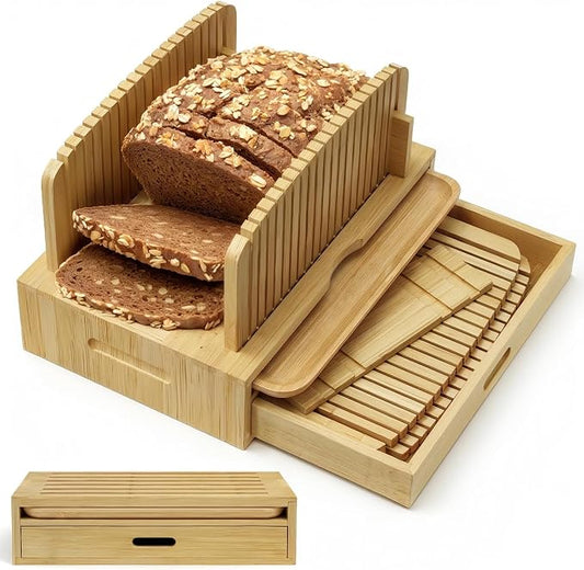 Bamboo Bread Slicer for Homemade Bread, Adjustable Cutter Guide with Crumb Tray, Storage Drawer and Serving Board, Compact Slicing Tool for Even Sourdough and Sandwich Loaf Cuts