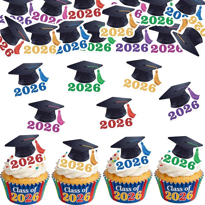 42PCS Edible Graduation Cap Cupcake Toppers Wafer Paper Class of 2026 Cake Decorations Edible Grad Cap Cupcake Picks for 2026 Graduation Theme Party Cake Decor Supplies (multi)