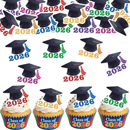 42PCS Edible Graduation Cap Cupcake Toppers Wafer Paper Class of 2026 Cake Decorations Edible Grad Cap Cupcake Picks for 2026 Graduation Theme Party Cake Decor Supplies (multi)