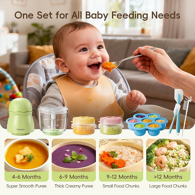 Baby Food Maker, Small Baby Food Processor Set, Fruit, Vegatable, Meat, 10oz Baby Food Maker & Puree Blender with Baby Containers, Food Freezer Tray, Silicone Spoons, Spatula, Green